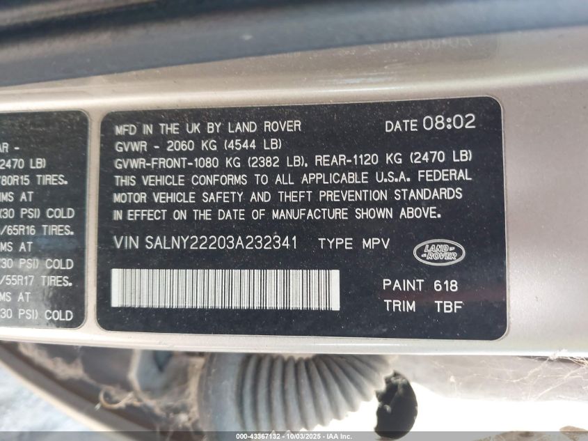 2003 Land Rover Freelander Se VIN: SALNY22203A232341 Lot: 43367132