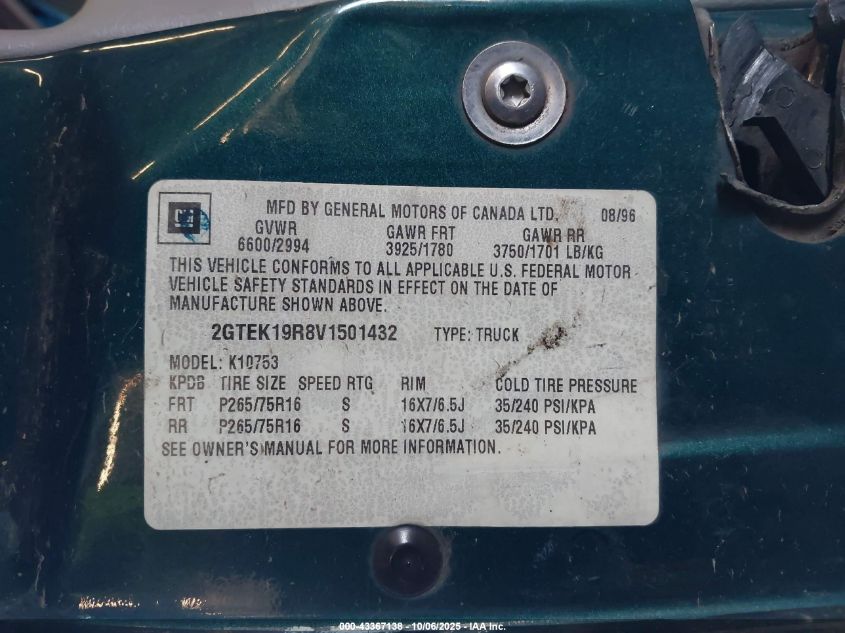 1997 GMC Sierra 1500 Sl Wideside VIN: 2GTEK19R8V1501432 Lot: 43367138