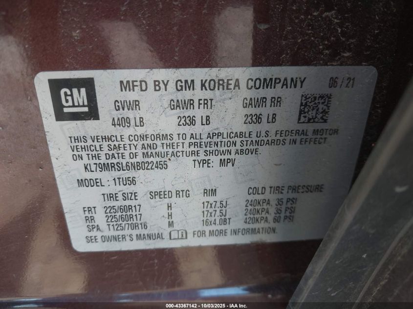 2022 Chevrolet Trailblazer Awd Lt VIN: KL79MRSL6NB022455 Lot: 43367142