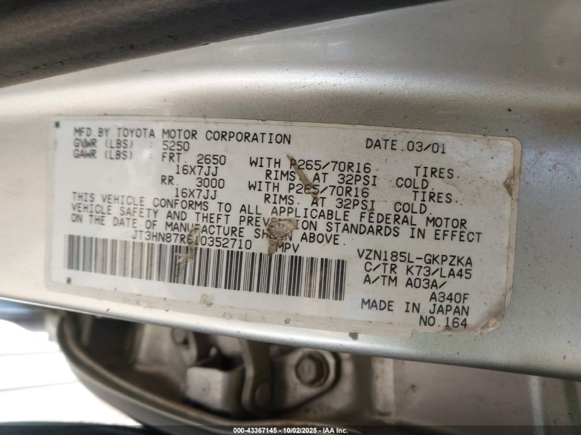 2001 Toyota 4Runner Limited V6 VIN: JT3HN87R610352710 Lot: 43367145