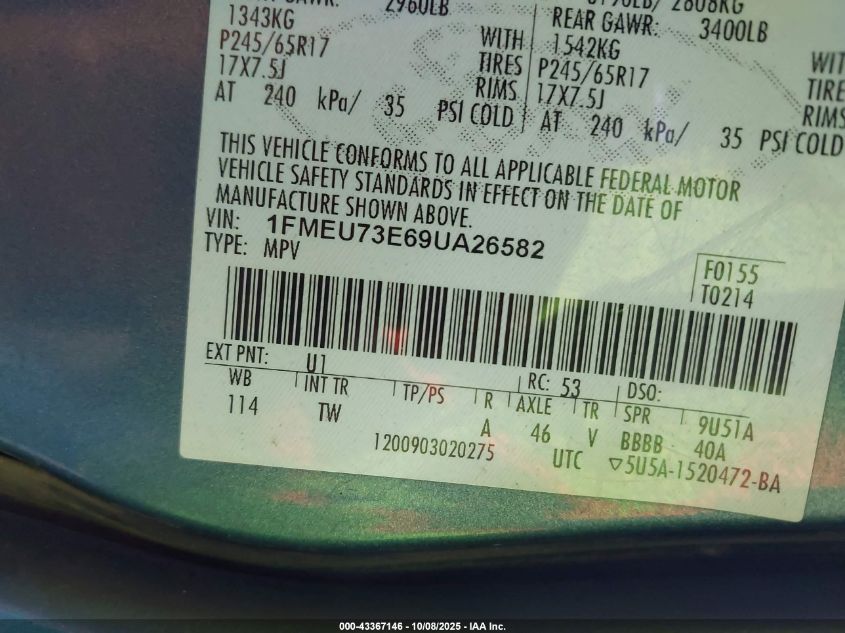 2009 Ford Explorer Xlt VIN: 1FMEU73E69UA26582 Lot: 43367146