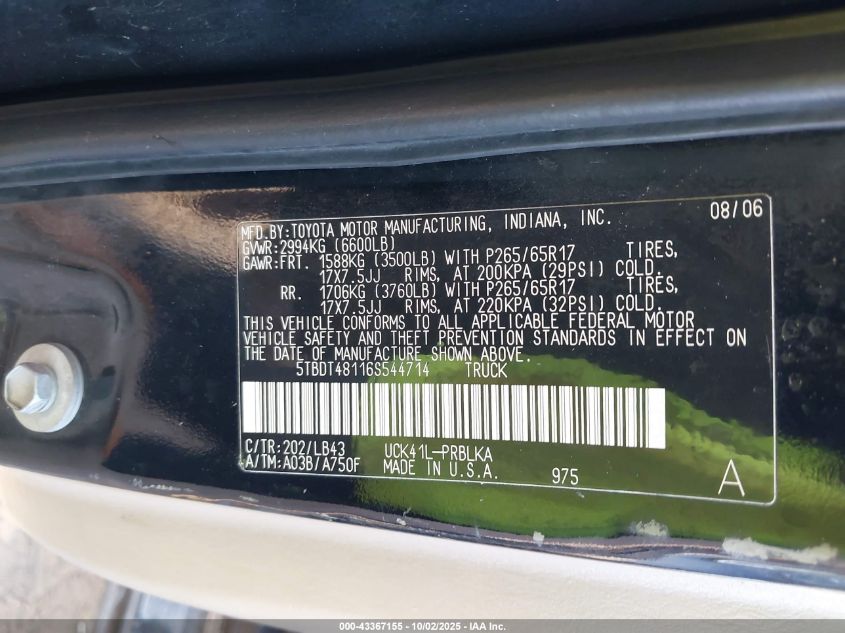 2006 Toyota Tundra Limited V8 VIN: 5TBDT48116S544714 Lot: 43367155