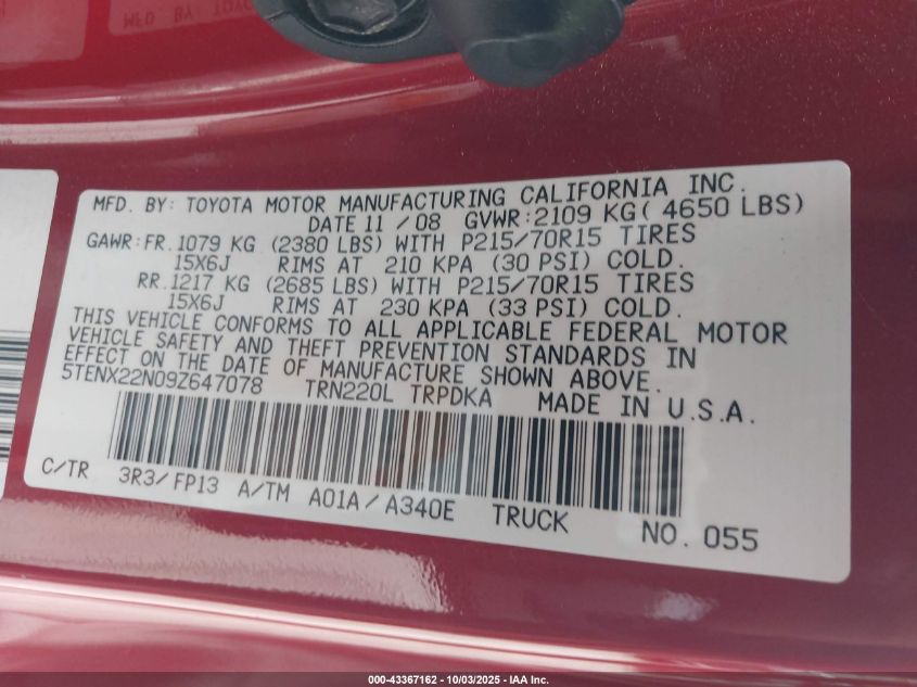 2009 Toyota Tacoma VIN: 5TENX22N09Z647078 Lot: 43367162