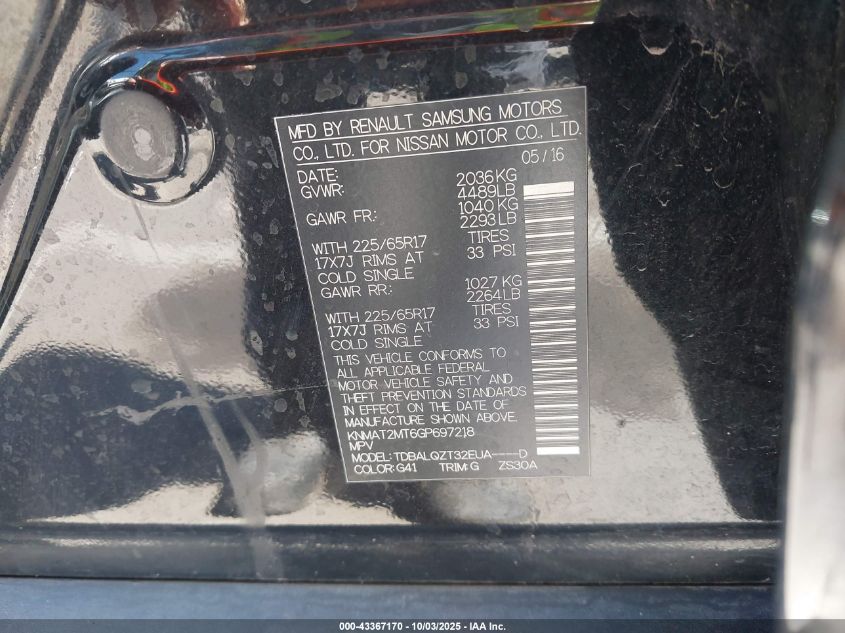 2016 Nissan Rogue Sv VIN: KNMAT2MT6GP697218 Lot: 43367170