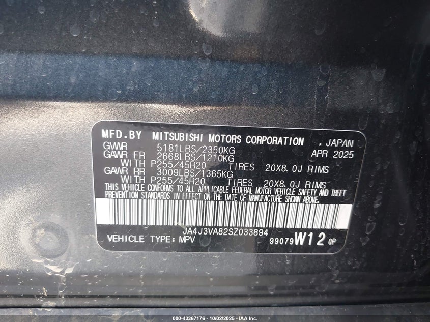 2025 Mitsubishi Outlander Se 2.5 2Wd VIN: JA4J3VA82SZ033894 Lot: 43367176