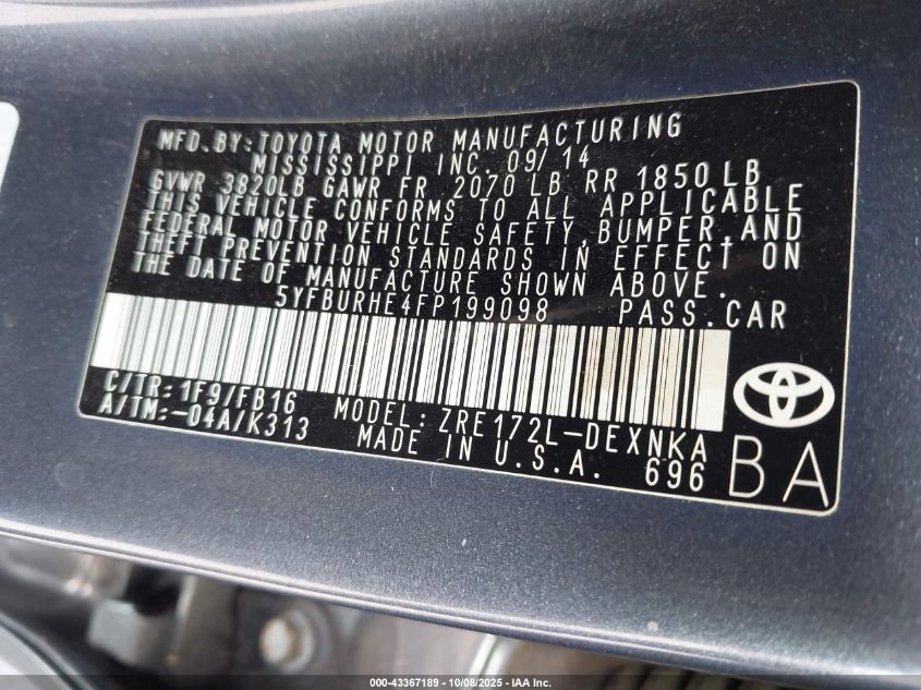 2015 Toyota Corolla Le/Le Plus/Le Premium VIN: 5YFBURHE4FP199098 Lot: 43367189