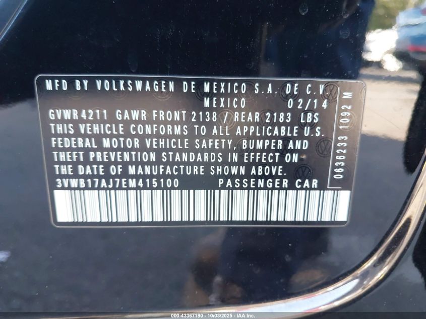 2014 Volkswagen Jetta 1.8T Se VIN: 3VWB17AJ7EM415100 Lot: 43367190