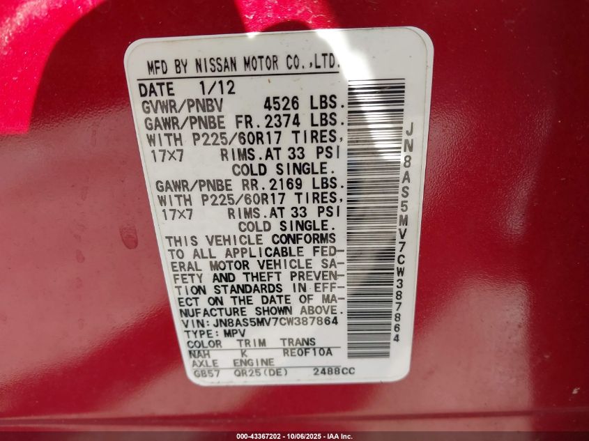 2012 Nissan Rogue Sv VIN: JN8AS5MV7CW387864 Lot: 43367202