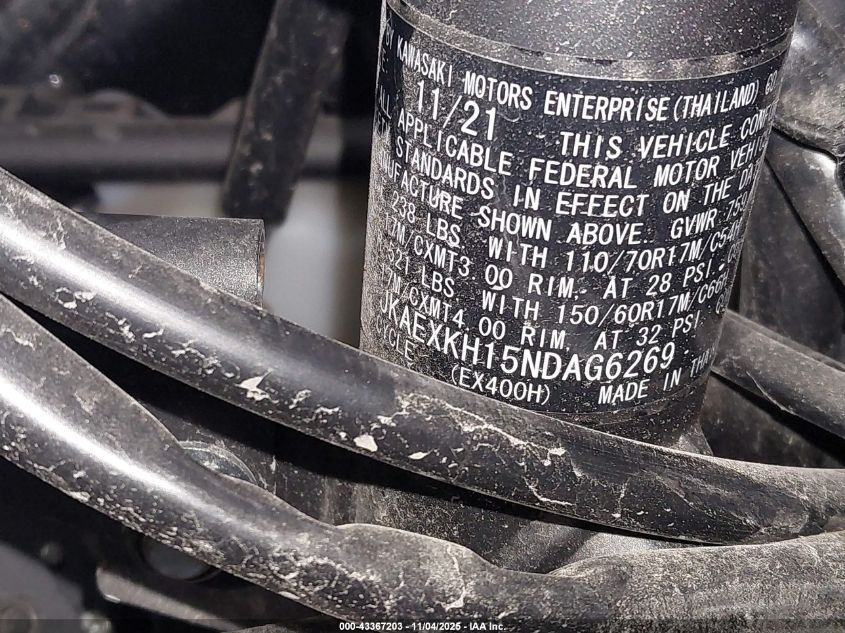 2022 Kawasaki Ex400 VIN: JKAEXKH15NDAG6269 Lot: 43367203