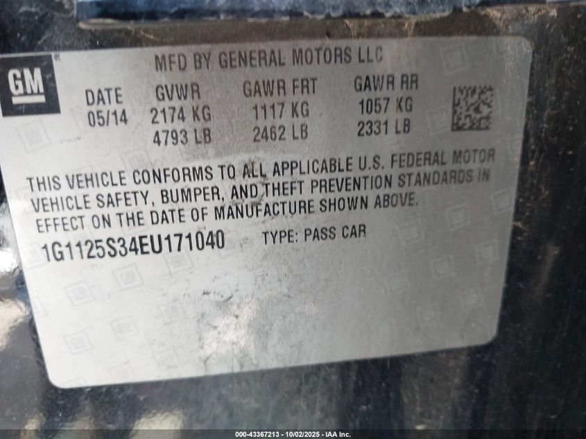 2014 Chevrolet Impala 2Lt VIN: 1G1125S34EU171040 Lot: 43367213