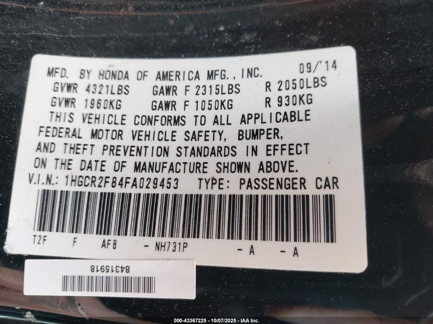 2015 Honda Accord Ex-L VIN: 1HGCR2F84FA029453 Lot: 43367225