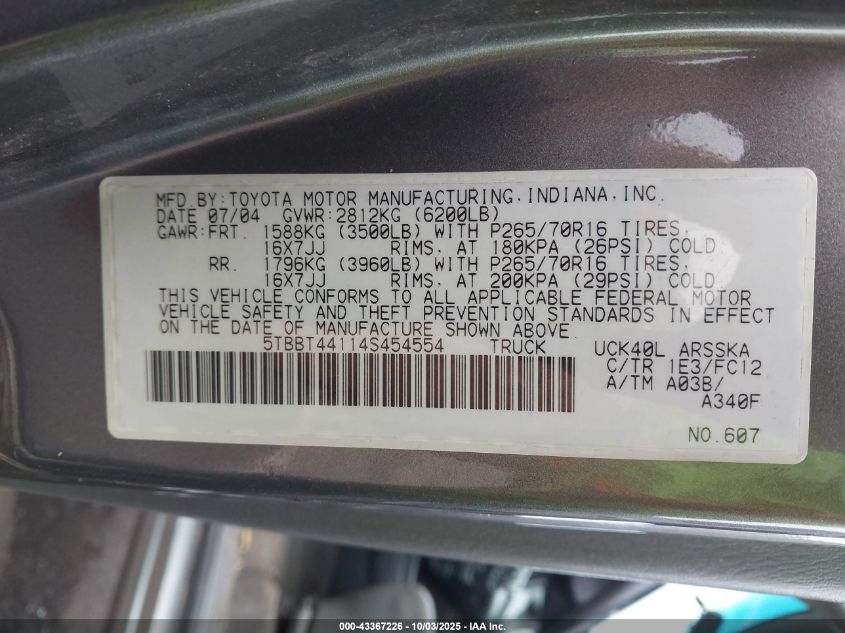 2004 Toyota Tundra Sr5 V8 VIN: 5TBBT44114S454554 Lot: 43367226