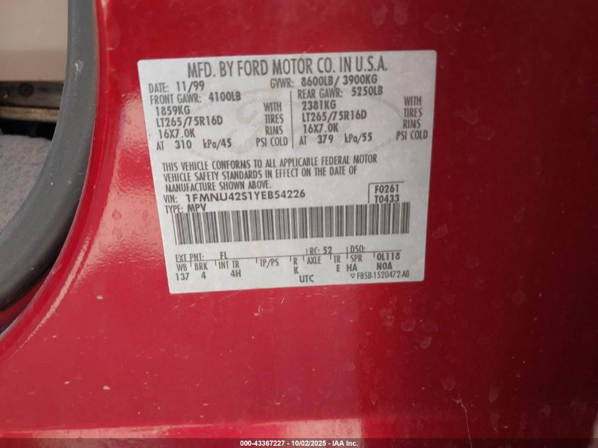 2000 Ford Excursion Limited VIN: 1FMNU42S1YEB54226 Lot: 43367227