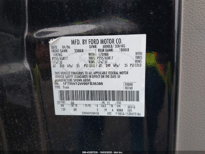 2006 Ford F-150 Xlt VIN: 1FTRW12W96FB36386 Lot: 43367230