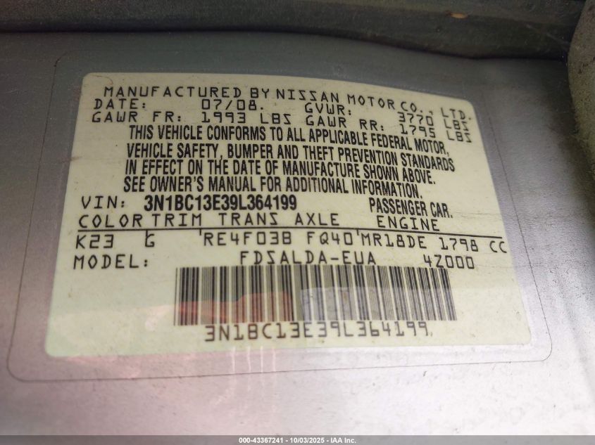 2009 Nissan Versa 1.8S VIN: 3N1BC13E39L364199 Lot: 43367241