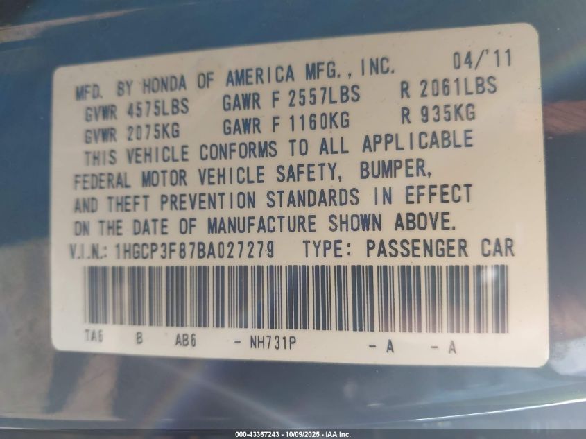 2011 Honda Accord 3.5 Ex-L VIN: 1HGCP3F87BA027279 Lot: 43367243