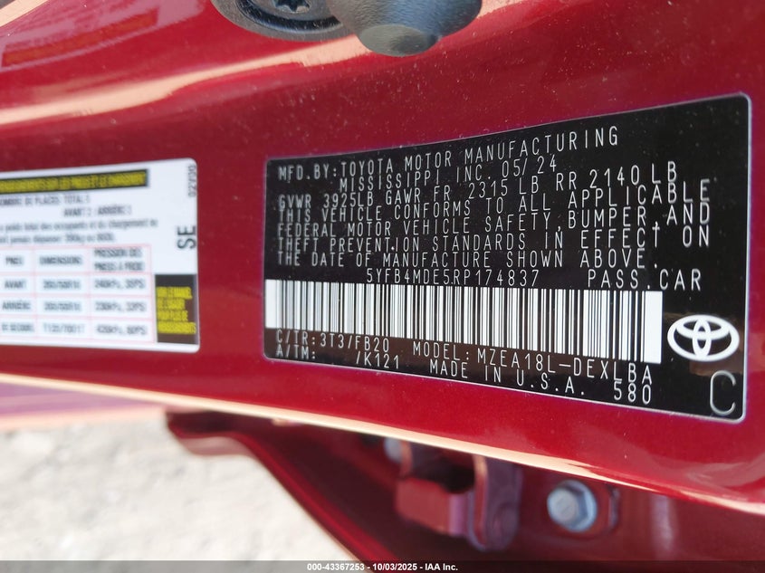 2024 TOYOTA COROLLA LE 5YFB4MDE5RP174837