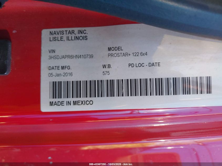 2017 International Prostar+ VIN: 3HSDJAPR6HN410739 Lot: 43367258