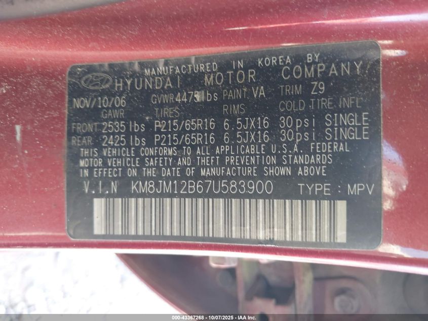 2007 Hyundai Tucson Gls VIN: KM8JM12B67U583900 Lot: 43367268
