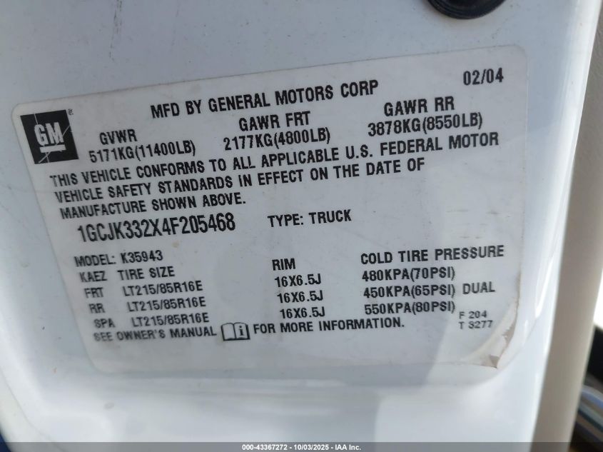 2004 Chevrolet Silverado 3500 Lt VIN: 1GCJK332X4F205468 Lot: 43367272