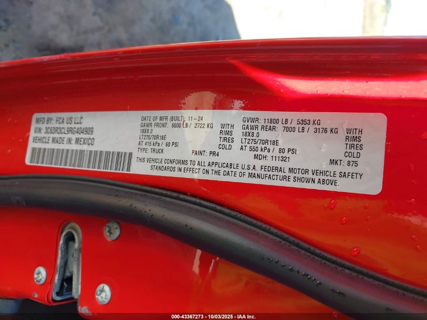 2024 Ram 3500 Tradesman 4X4 6'4 Box VIN: 3C63R3CL9RG404909 Lot: 43367273