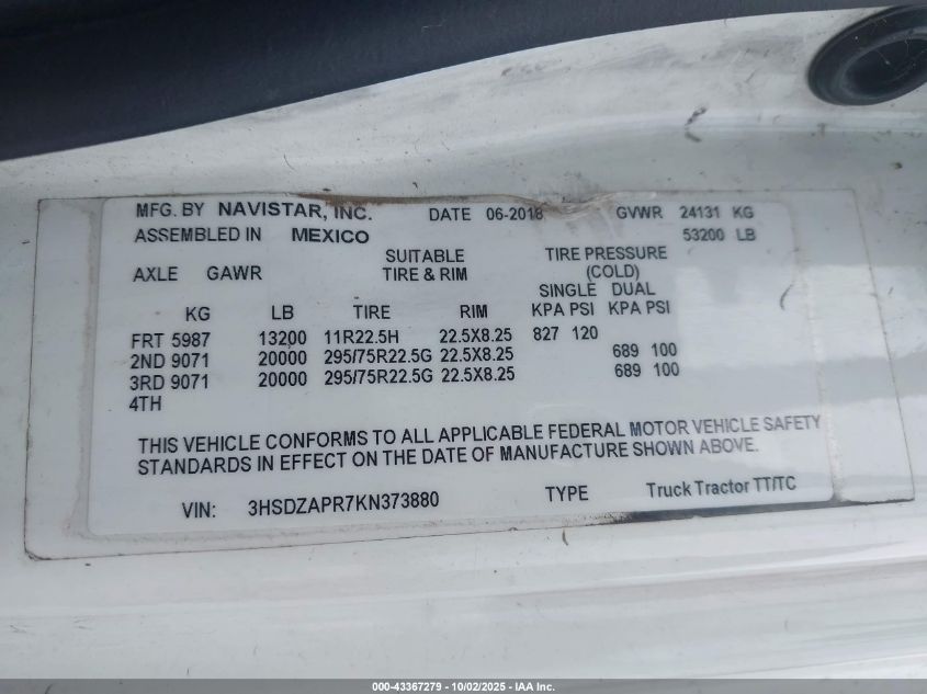 2019 International Lt VIN: 3HSDZAPR7KN373880 Lot: 43367279