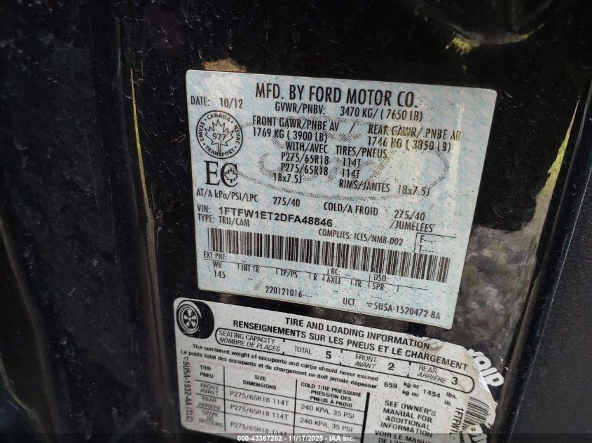 2013 Ford F-150 Xlt VIN: 1FTFW1ET2DFA48846 Lot: 43367282