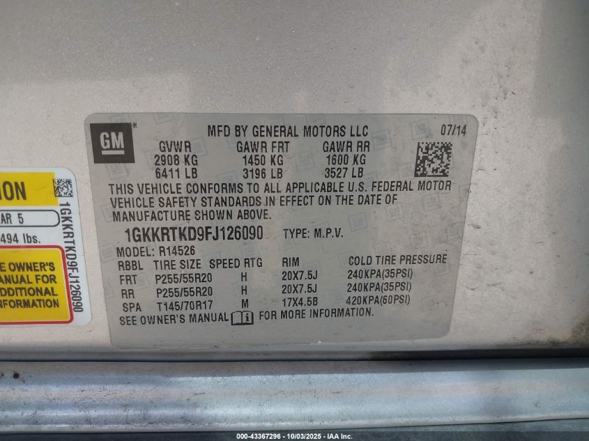 2015 GMC Acadia Denali VIN: 1GKKRTKD9FJ126090 Lot: 43367296