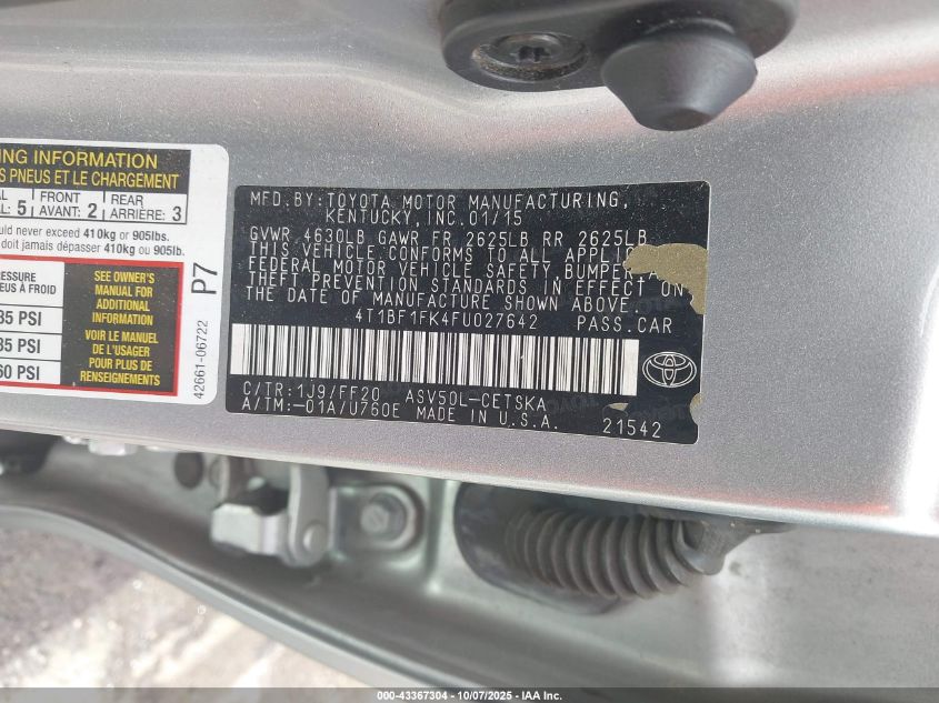 2015 Toyota Camry Se VIN: 4T1BF1FK4FU027642 Lot: 43367304