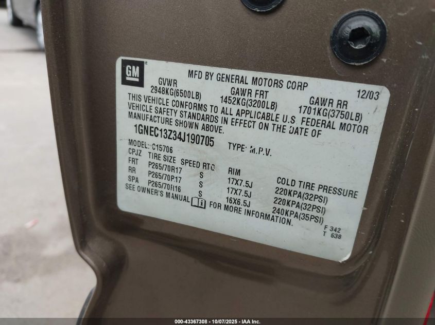 2004 Chevrolet Tahoe Ls VIN: 1GNEC13Z34J190705 Lot: 43367308