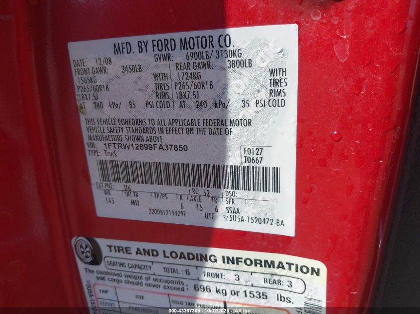 2009 Ford F-150 Xlt VIN: 1FTRW12899FA37850 Lot: 43367309