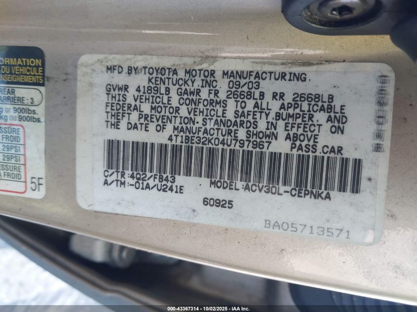 2004 Toyota Camry Le VIN: 4T1BE32K04U797967 Lot: 43367314