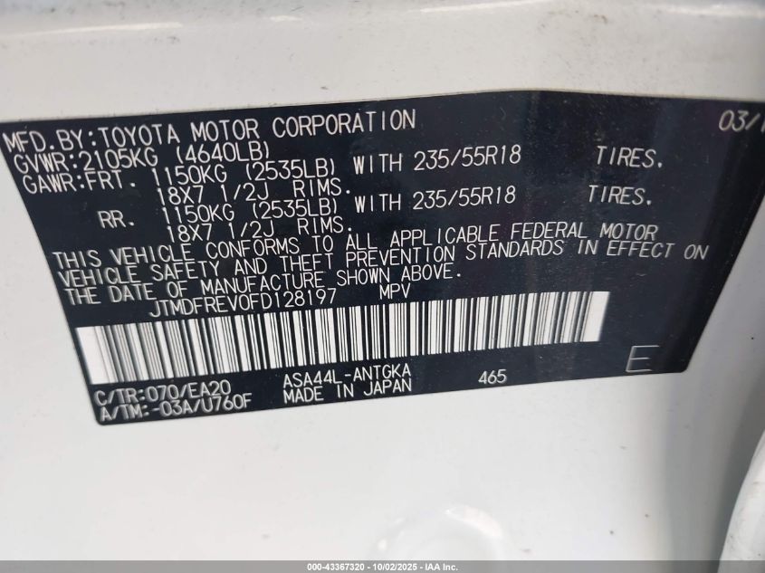 2015 Toyota Rav4 Limited VIN: JTMDFREV0FD128197 Lot: 43367320