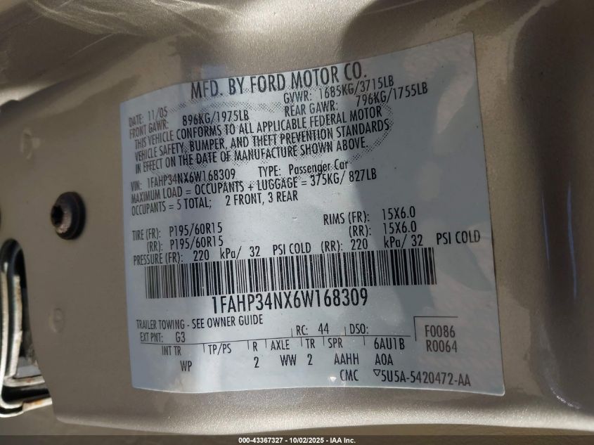 2006 Ford Focus Zx4 VIN: 1FAHP34NX6W168309 Lot: 43367327