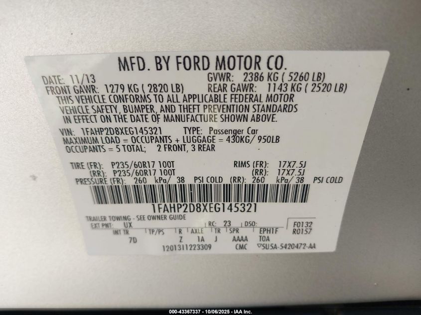 2014 Ford Taurus Se VIN: 1FAHP2D8XEG145321 Lot: 43367337
