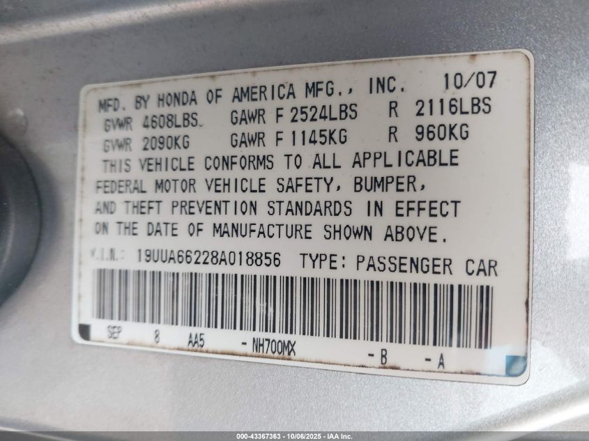 2008 Acura Tl 3.2 VIN: 19UUA66228A018856 Lot: 43367363