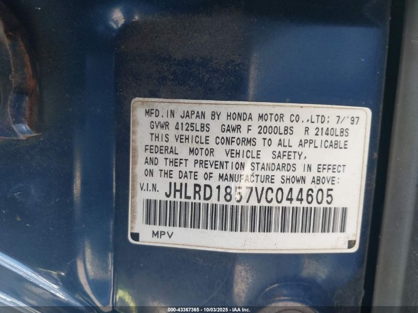 1997 Honda Cr-V VIN: JHLRD1857VC044605 Lot: 43367365