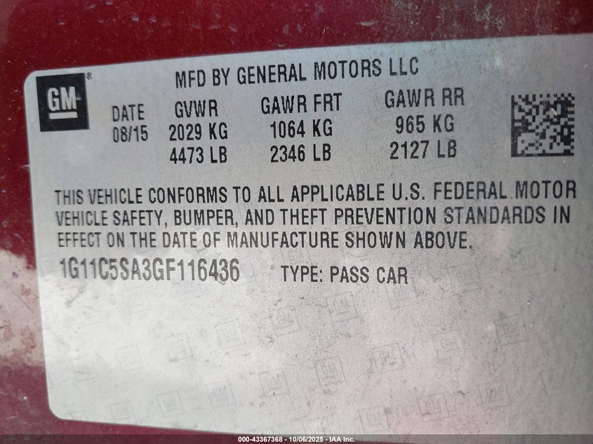 2016 Chevrolet Malibu Limited Lt VIN: 1G11C5SA3GF116436 Lot: 43367368