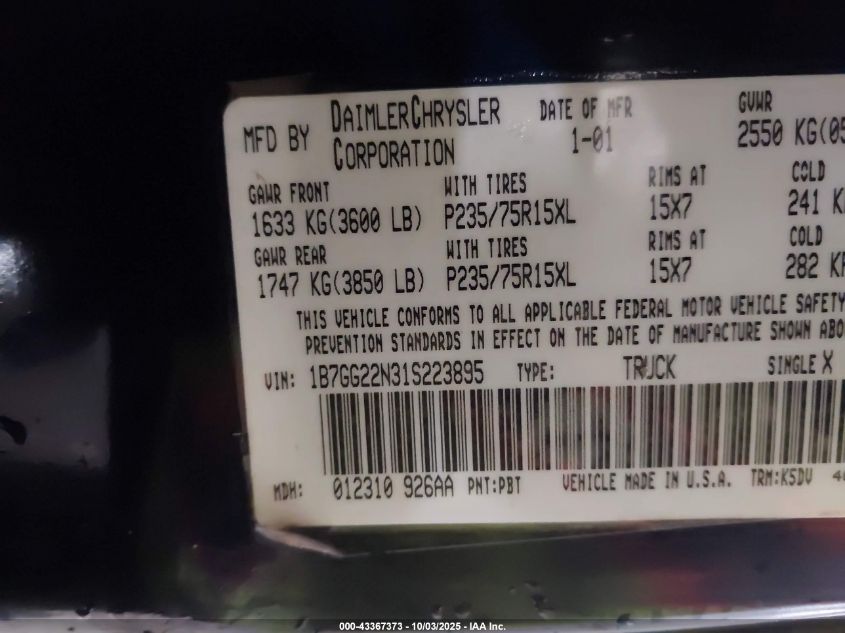 2001 Dodge Dakota Slt/Sport VIN: 1B7GG22N31S223895 Lot: 43367373