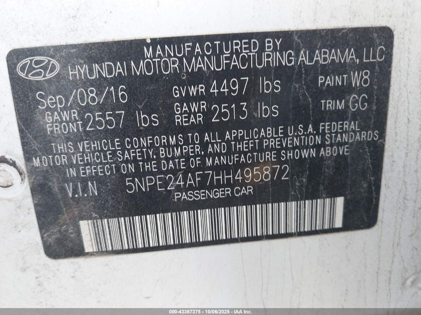 2017 Hyundai Sonata VIN: 5NPE24AF7HH495872 Lot: 43367375