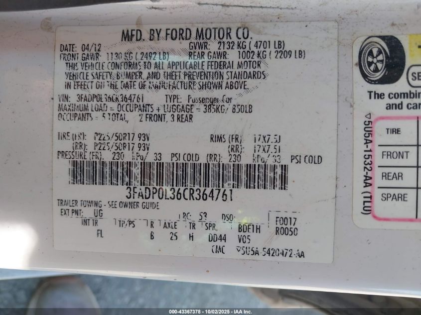 2012 Ford Fusion Hybrid VIN: 3FADP0L36CR364761 Lot: 43367378