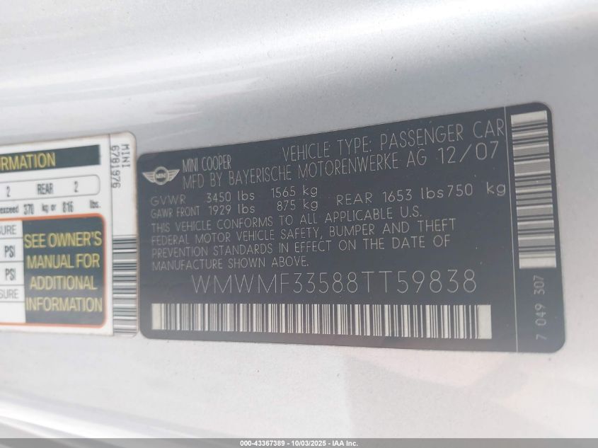 2008 Mini Cooper VIN: WMWMF33588TT59838 Lot: 43367389