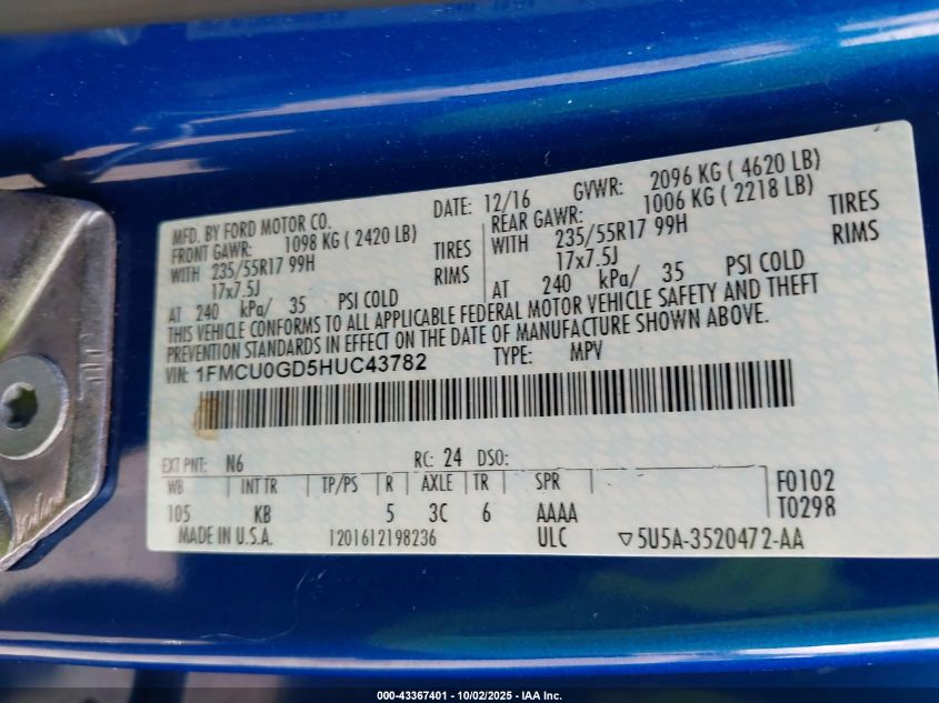 2017 Ford Escape Se VIN: 1FMCU0GD5HUC43782 Lot: 43367401