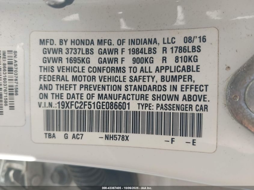 2016 Honda Civic Lx VIN: 19XFC2F51GE086601 Lot: 43367405