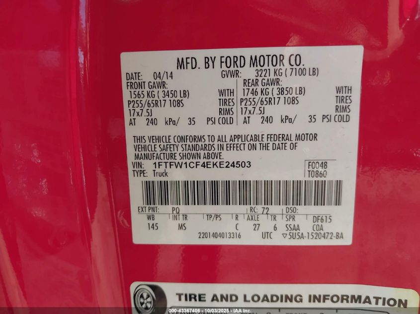 2014 Ford F-150 Xlt VIN: 1FTFW1CF4EKE24503 Lot: 43367406