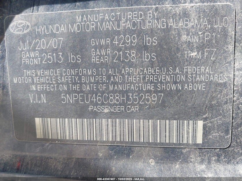 5NPEU46C88H352597 2008 HYUNDAI SONATA photo no. 9
