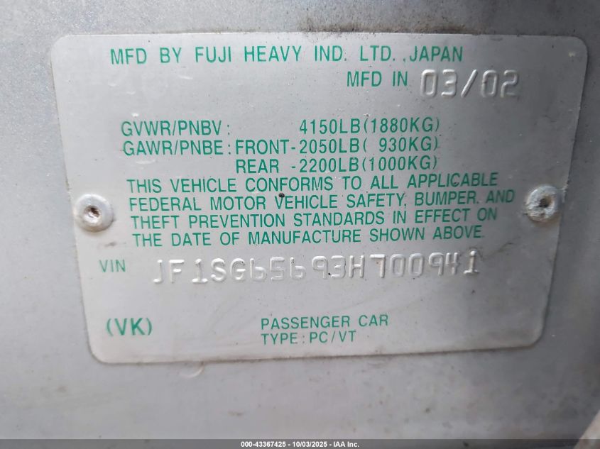 2003 Subaru Forester Xs VIN: JF1SG65693H700941 Lot: 43367425