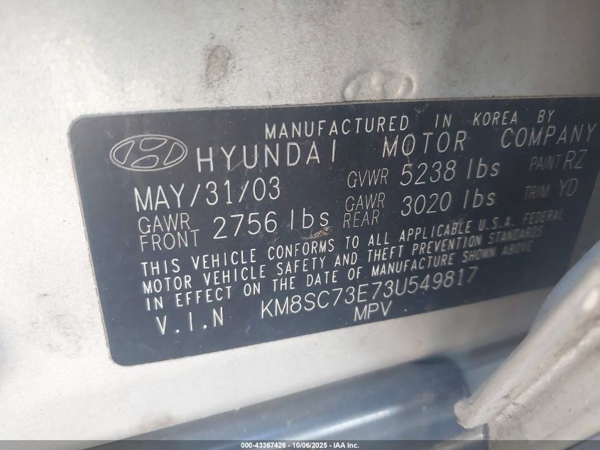 2003 Hyundai Santa Fe Gls/Lx VIN: KM8SC73E73U549817 Lot: 43367426