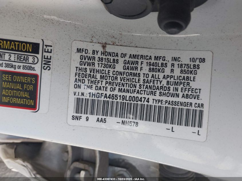 2009 Honda Civic Gx VIN: 1HGFA46519L000474 Lot: 43367433