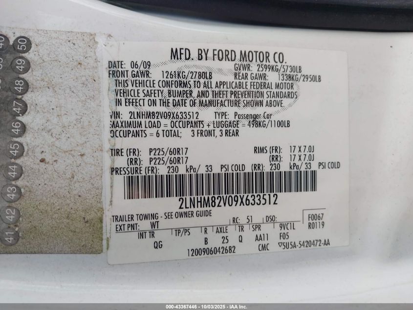 2009 Lincoln Town Car Signature Limited VIN: 2LNHM82V09X633512 Lot: 43367446